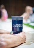 Navy tumbler with portable bluetooth speaker lid by the pool